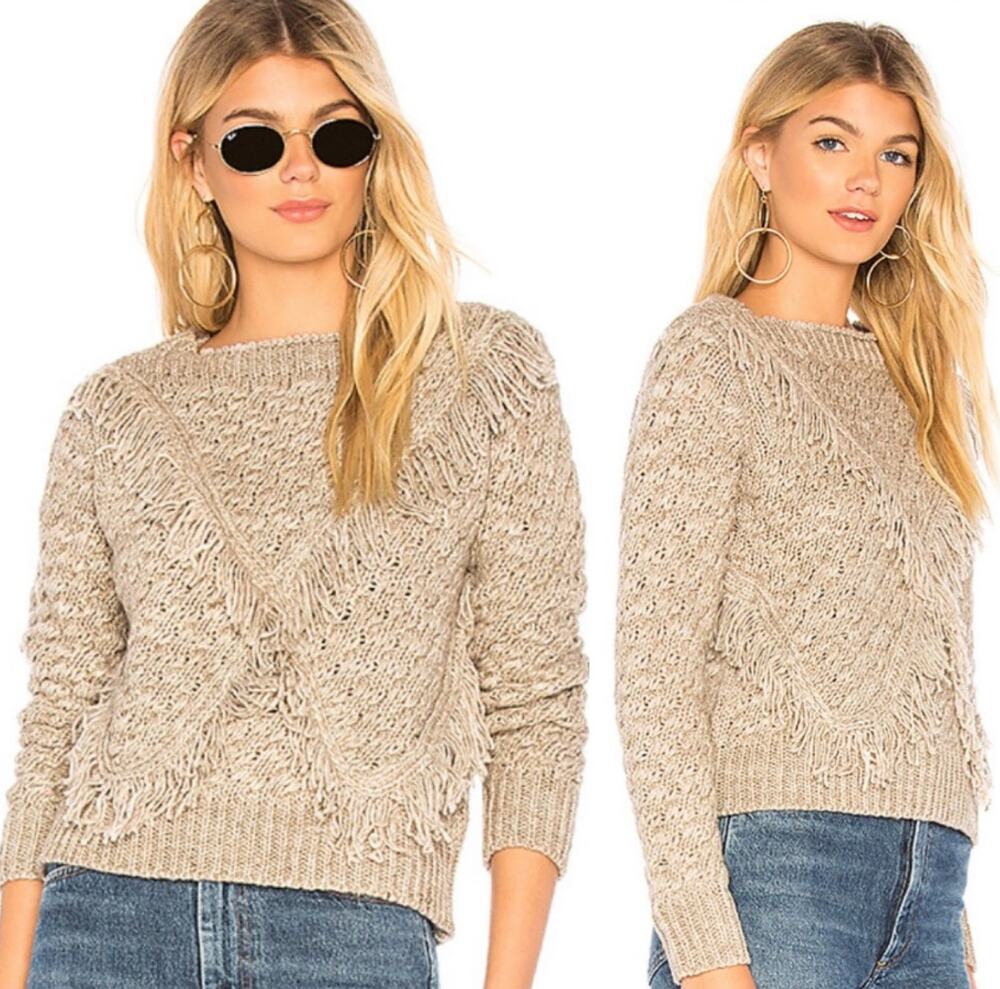 Majorelle Sweater Fringe Detail Cable Knit Boat Neck Pullover Beige Womens Small